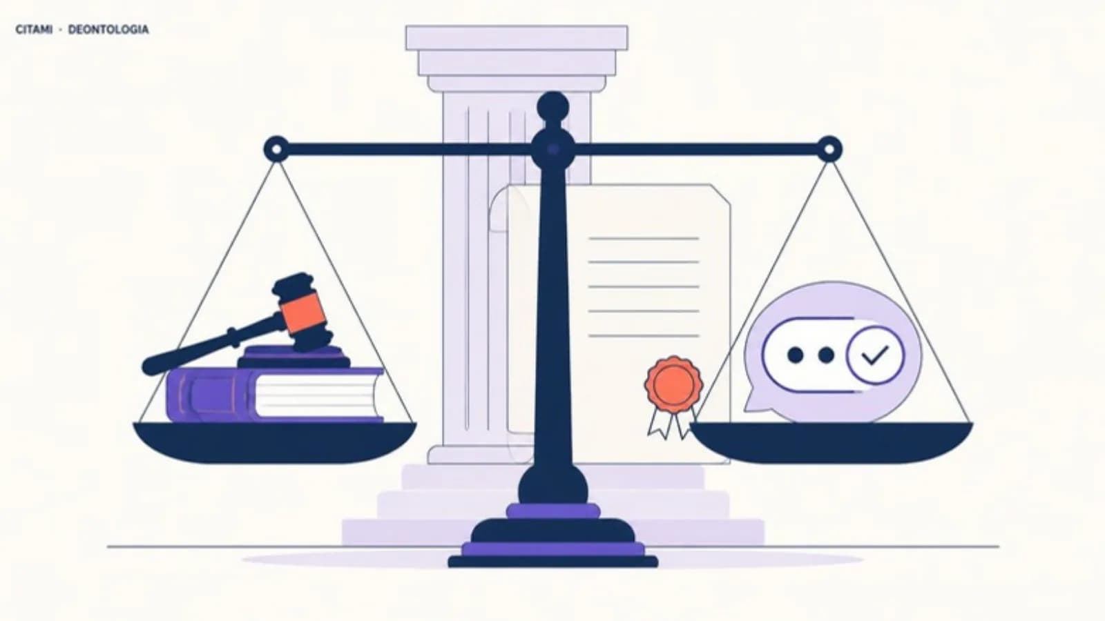 Codice deontologico e risposta AI sui due piatti di una bilancia in equilibrio: informazione verificabile, non pubblicità