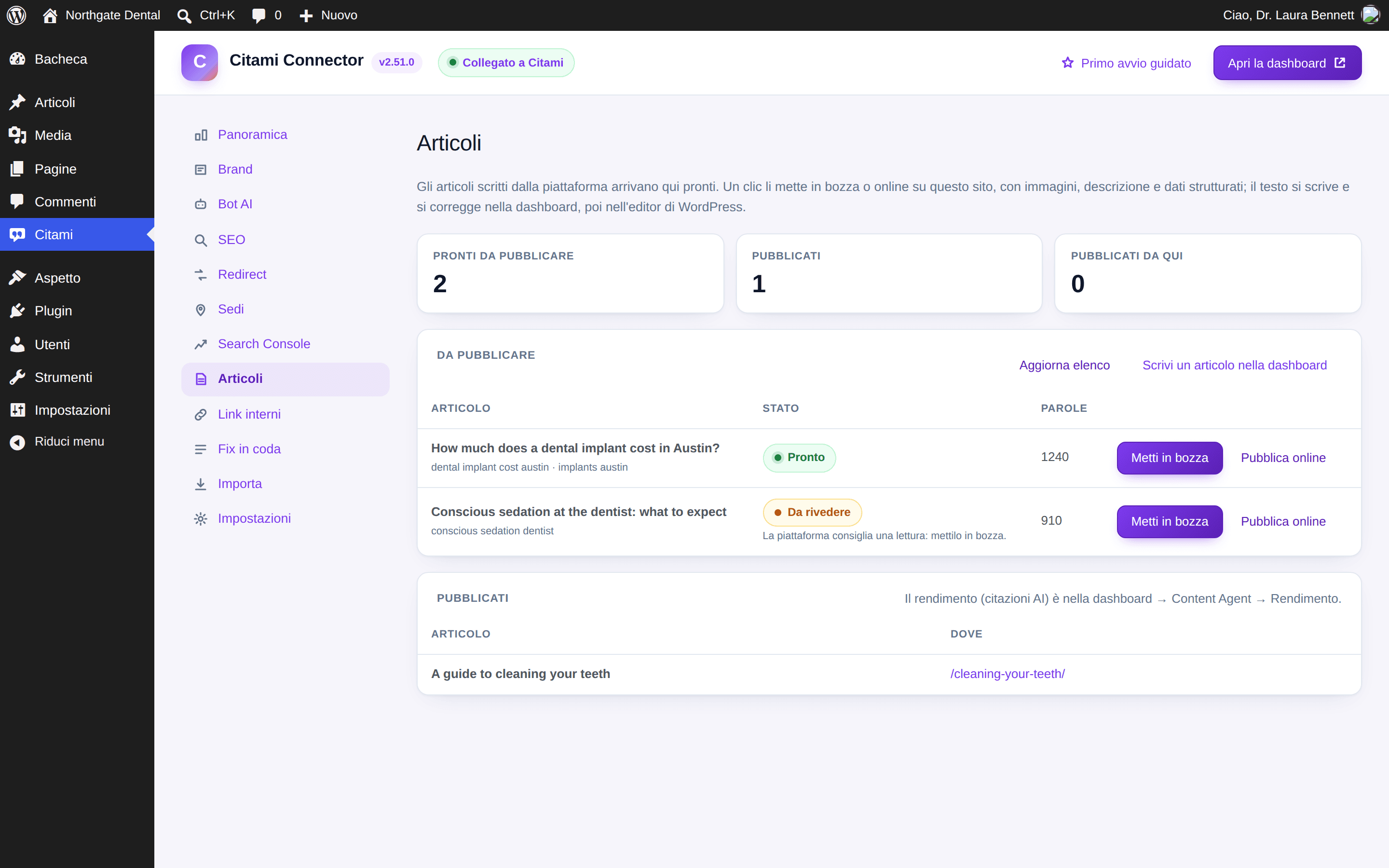 La scheda Articoli del plugin: articoli pronti con i pulsanti Metti in bozza e Pubblica online