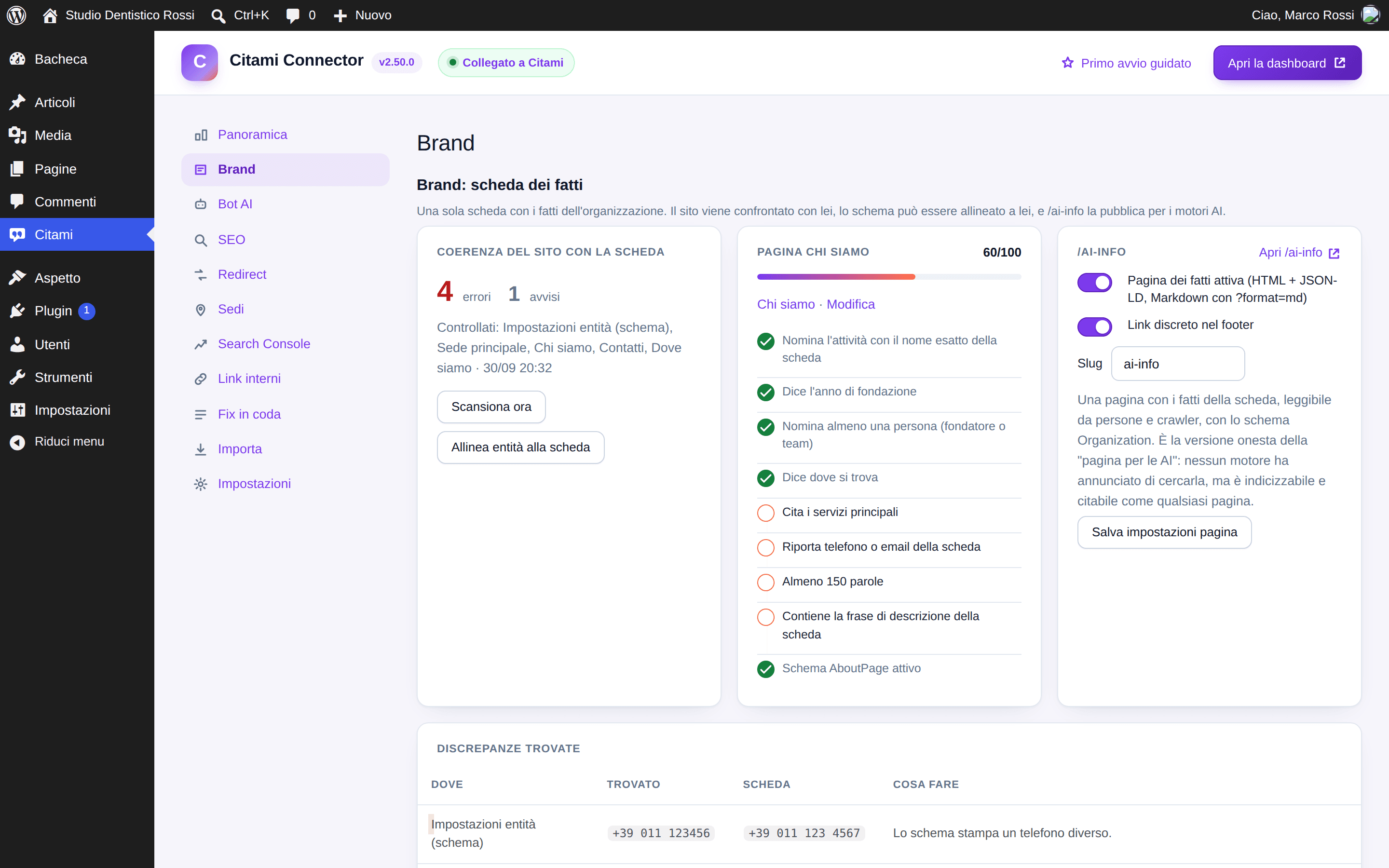 La scheda Brand del plugin: coerenza del sito, pagina Chi siamo, /ai-info