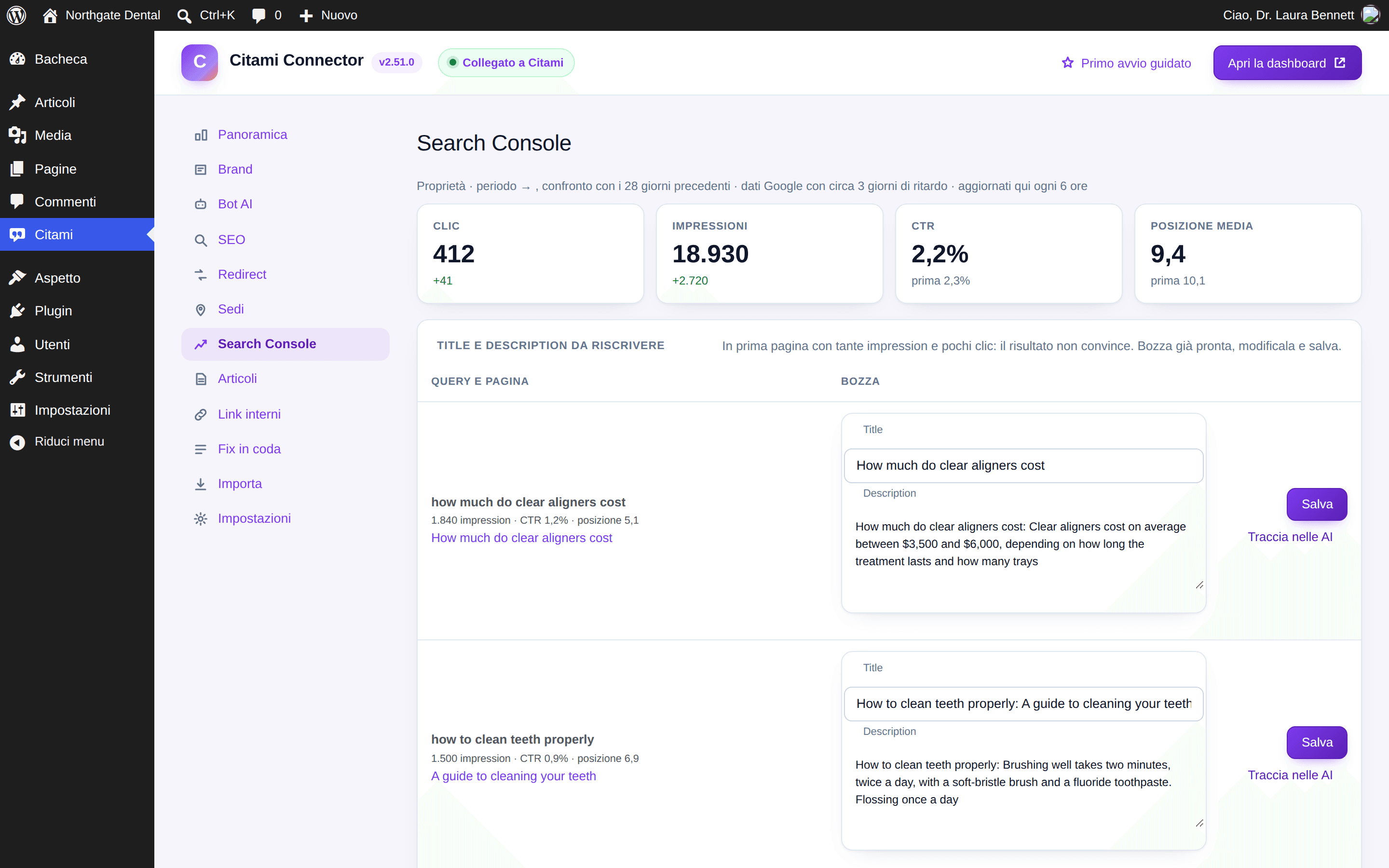 La scheda Search Console del plugin: KPI a 28 giorni e title e description da riscrivere