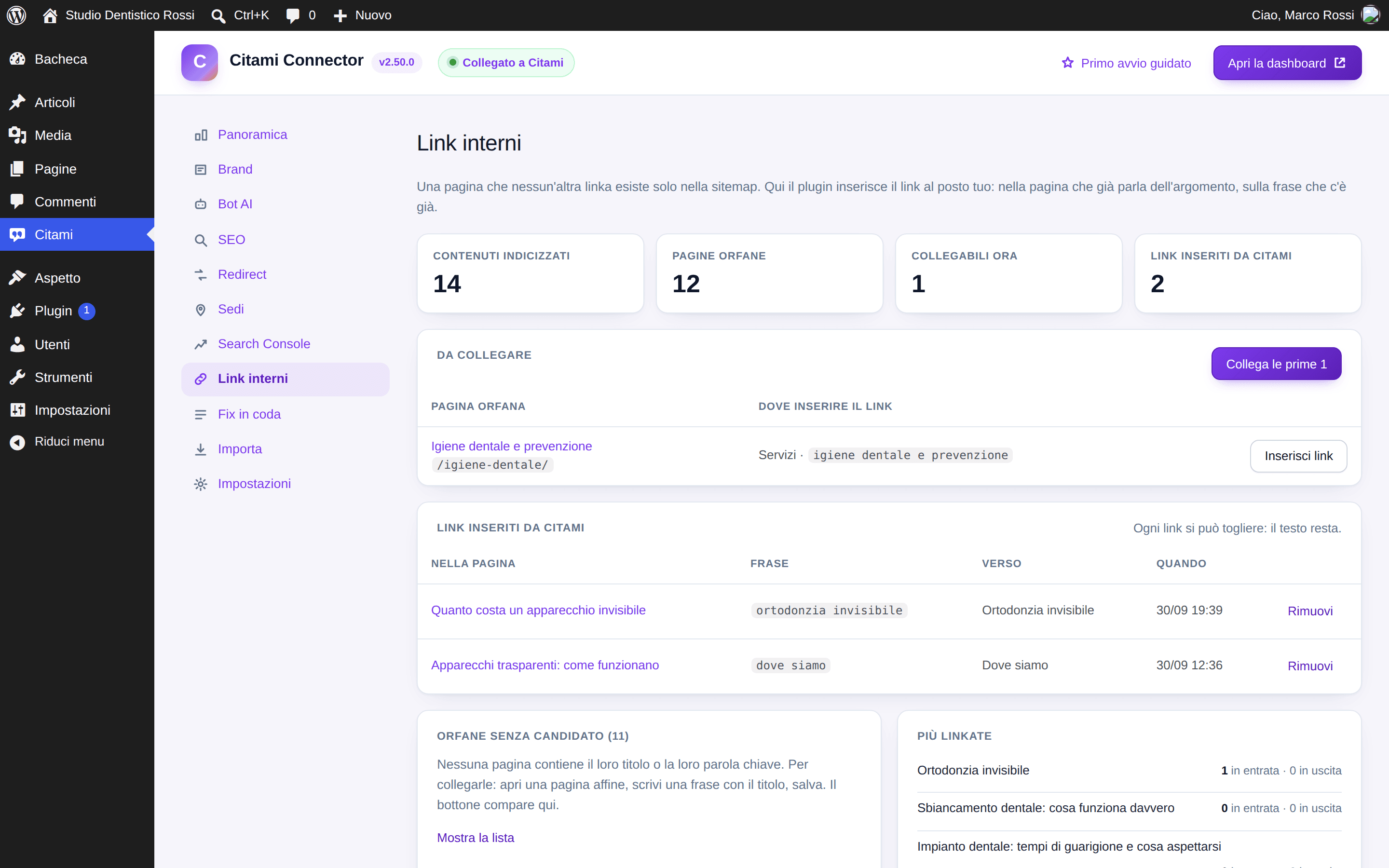 La scheda Link interni del plugin: pagine orfane da collegare e registro dei link inseriti
