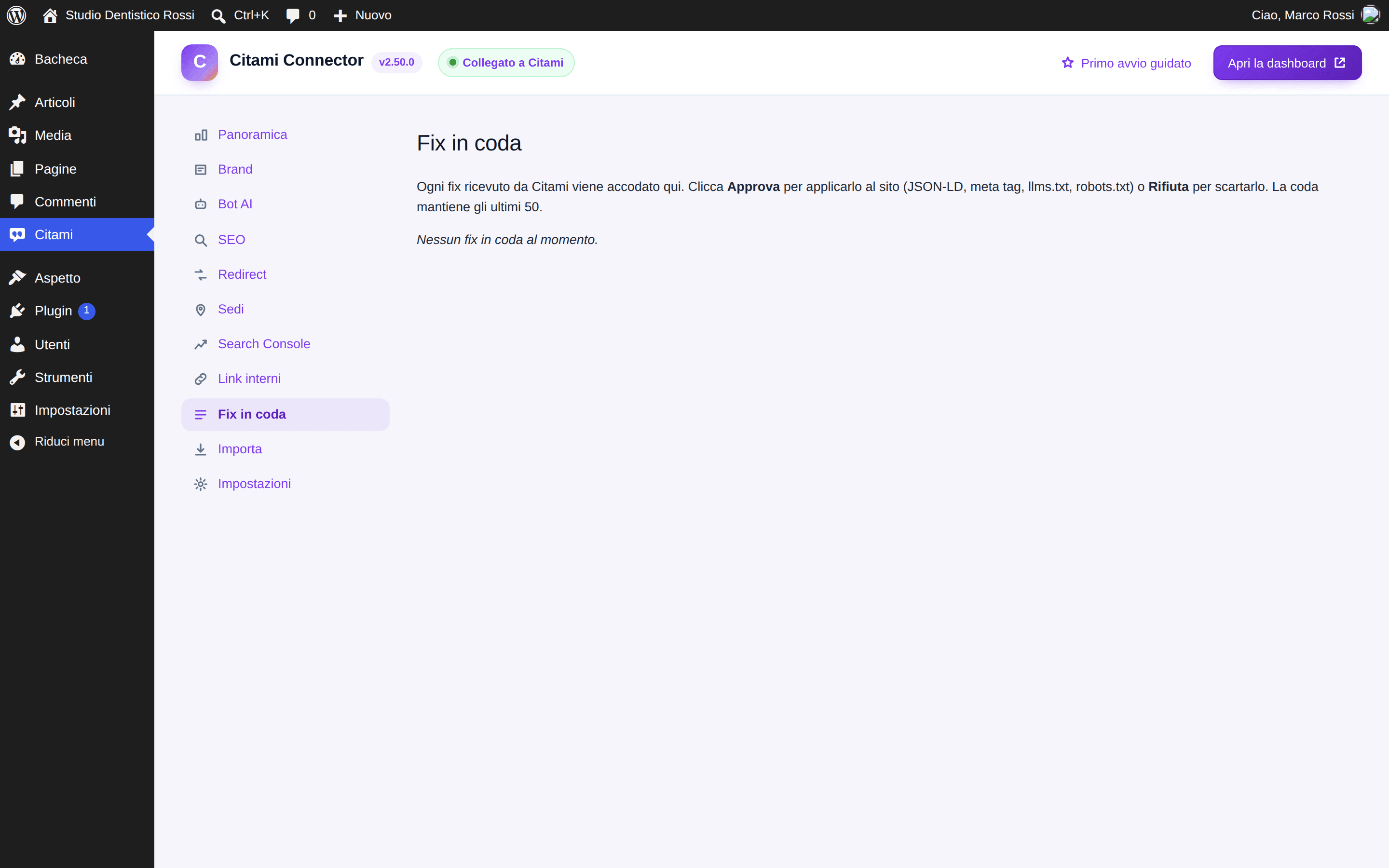 La scheda Fix in coda del plugin: i fix arrivati dalla dashboard in attesa di approvazione