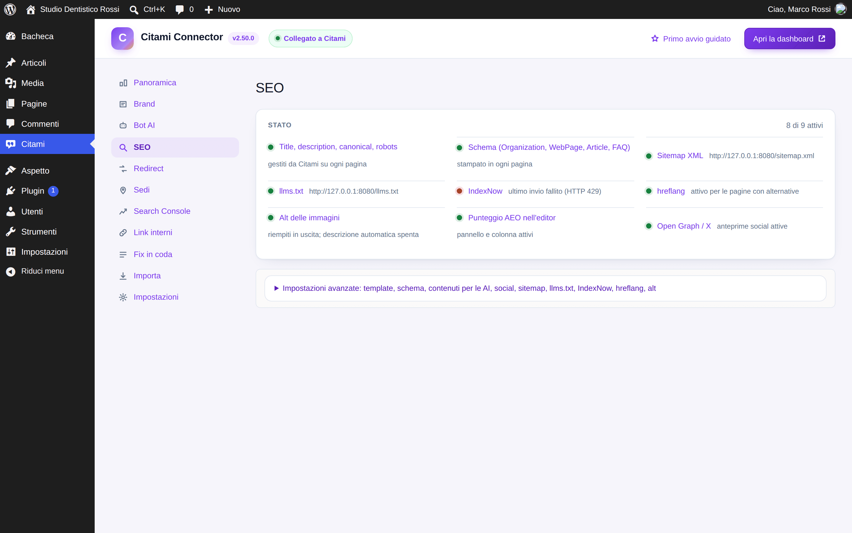 La scheda SEO del plugin: stato dei moduli e impostazioni avanzate ripiegate