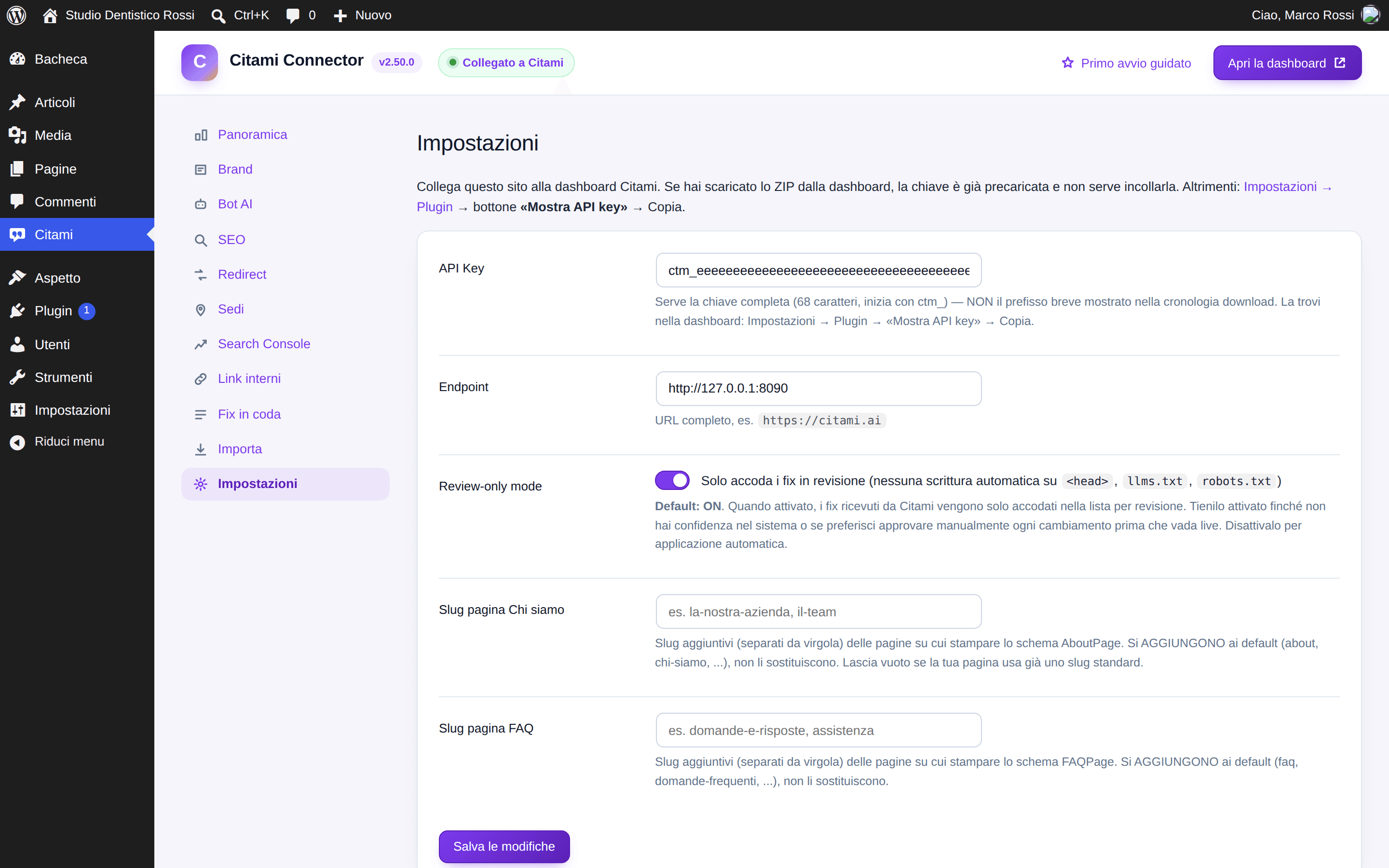 Citami → Impostazioni nel plugin: API key, endpoint, modalità revisione