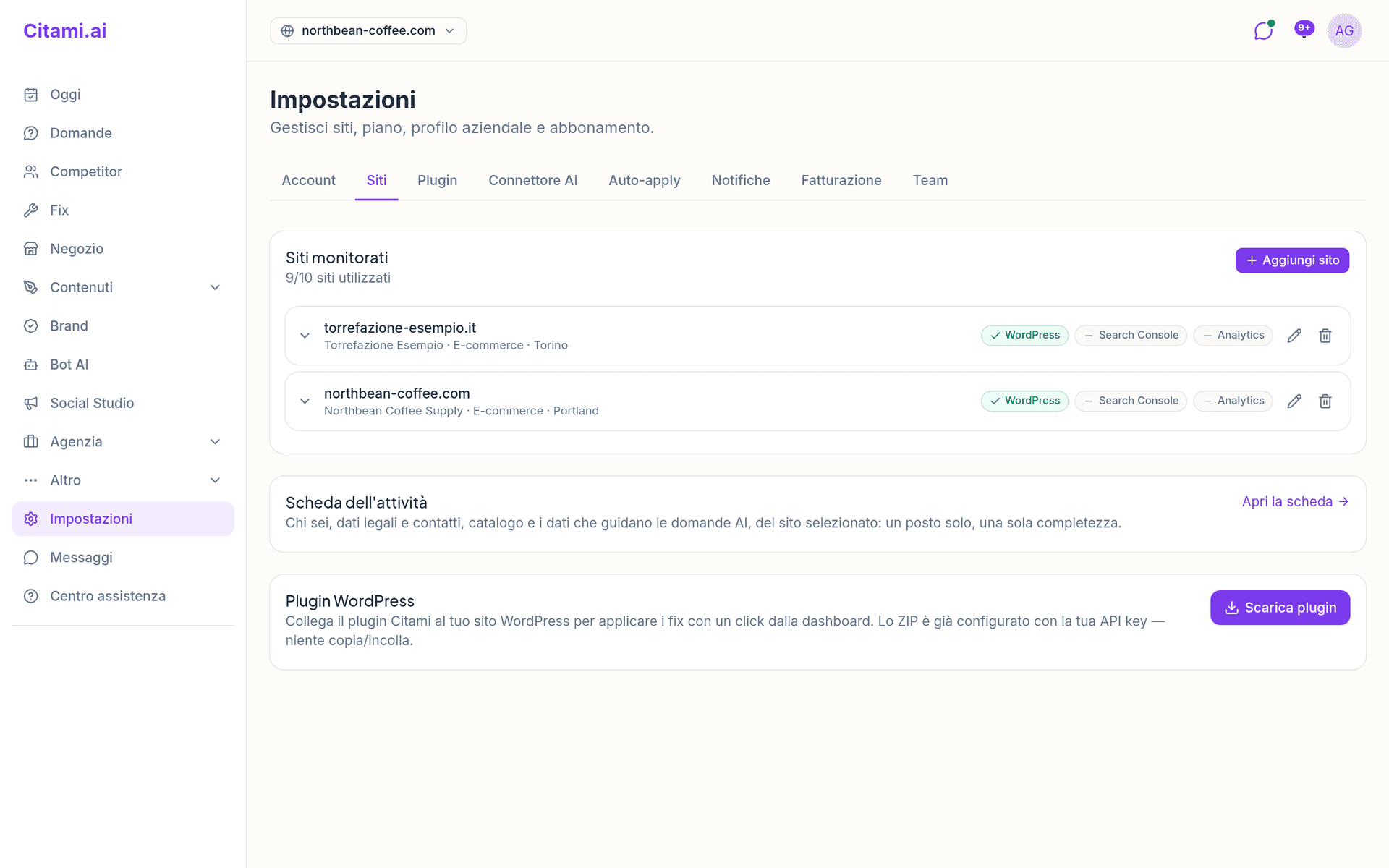 Impostazioni → Siti: ogni sito mostra i badge WordPress, Search Console e Analytics